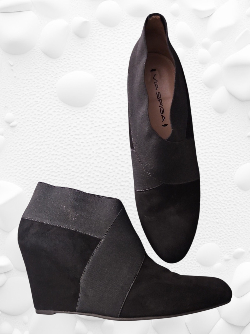 Via Spiga Black Suede Ankle Booties with Asymmetrical Elastic Wrap Detail; 7.5 M